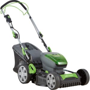 Set tosaerba a batteria LUX-TOOLS A-RM-46-24 con 2 batterie e cesto di raccolta. Ideale per la cura del giardino.
