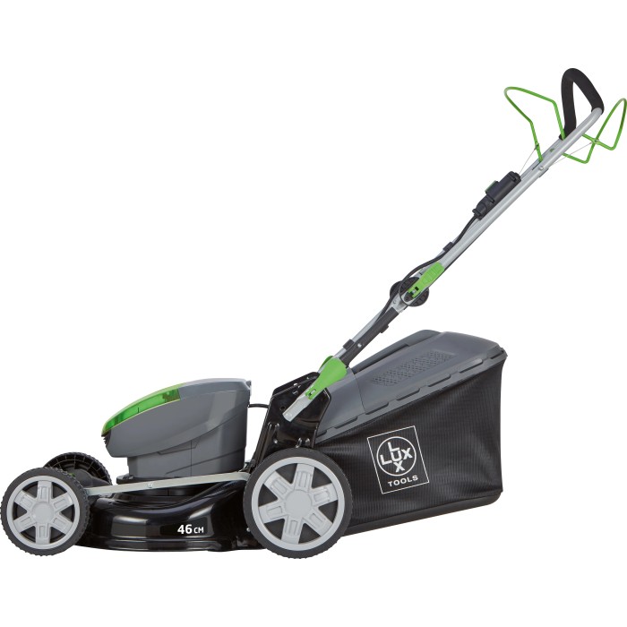 Set tosaerba a batteria LUX-TOOLS A-RM-46-24 con batterie e caricabatterie, pieghevole per risparmiare spazio.