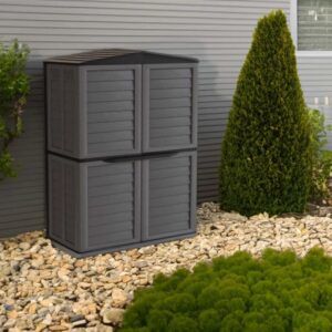 Box da giardino in plastica grigia con doppia anta per uso esterno.