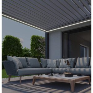 Illuminazione LED Biohort su pergola (287x287 cm) con luce bianca calda.