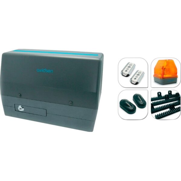 Set t.b.t. per automazione porte garage con motore, telecomandi, luce di segnalazione e cremagliera.