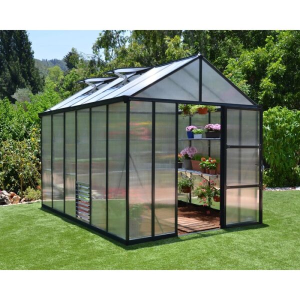 Serra Palram Canopia Glory, 3.6x2.5 m, antracite con pannelli alveolari, in giardino.
