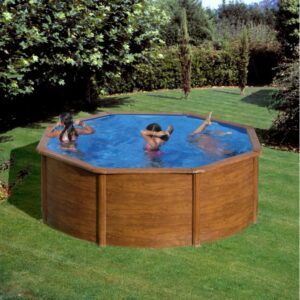 Piscina rotonda Gre Pool Pacific effetto legno (Ø 350 cm), bambini che nuotano nella piscina da giardino.