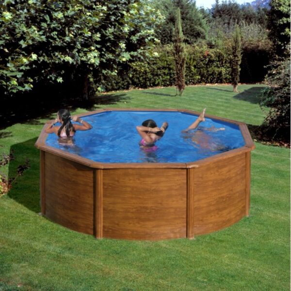 Piscina rotonda Gre Pool Pacific effetto legno (Ø 350 cm), bambini che nuotano nella piscina da giardino.