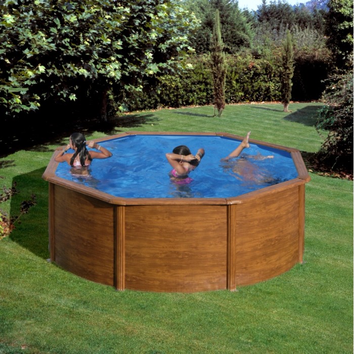 Piscina rotonda Gre Pool Pacific effetto legno (Ø 350 cm), bambini che nuotano nella piscina da giardino.