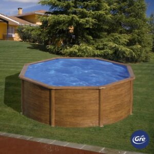 Piscina rotonda Gre Pacific, Ø 300 cm, alta 120 cm, con effetto legno in giardino.