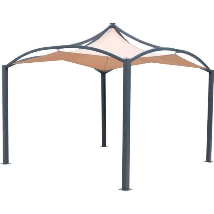 Gazebo con struttura grigia e tenda parasole beige.
