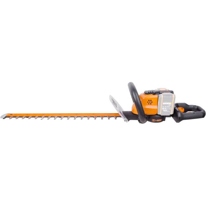 Tagliasiepi a batteria Worx 40V WG284E.9 Solo con lame tagliate al laser e corpo arancione.