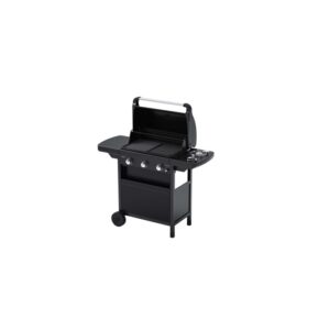 Barbecue a gas nero con ripiani e coperchio aperto.