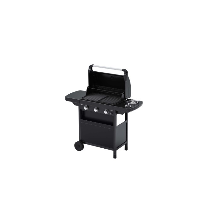 Barbecue a gas nero con ripiani e coperchio aperto.