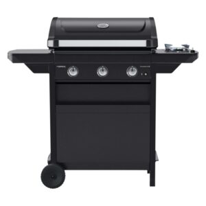 Barbecue a gas nero con tre bruciatori e ripiani laterali per giardino o patio.