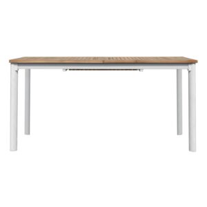Tavolo da giardino moderno con piano in legno e struttura bianca.