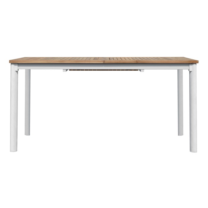 Tavolo da giardino moderno con piano in legno e struttura bianca.