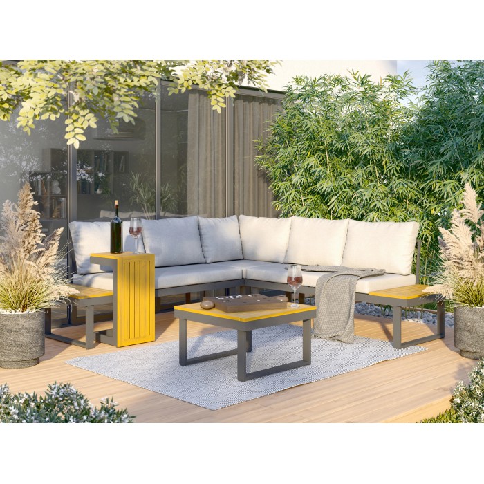 Divano angolare in alluminio grigio Lipson come parte di un set di mobili da giardino lounge con cuscini grigio chiaro.