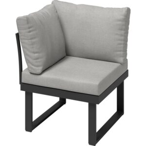 Poltrona angolare in alluminio grigio Lipson per lounge da giardino, con cuscini grigio chiaro.