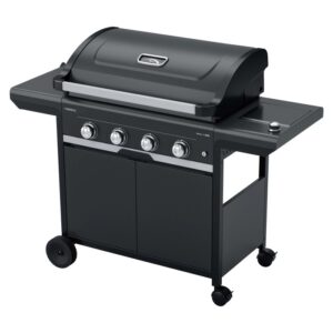 Barbecue a gas t.b.t. nero con quattro bruciatori e ripiani laterali.