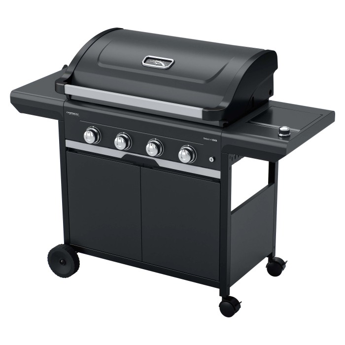 Barbecue a gas t.b.t. nero con quattro bruciatori e ripiani laterali.