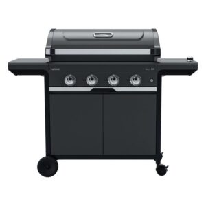 Barbecue a gas nero con quattro bruciatori e ripiani laterali.