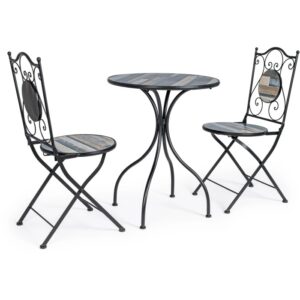Set di mobili da giardino t.b.t. con tavolo e due sedie in metallo e legno.