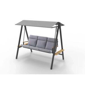 Dondolo Hollywood Summerdale con struttura antracite, cuscini grigio chiaro e tettuccio parasole.