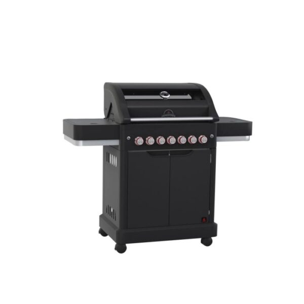 Barbecue a gas t.b.t. nero con ripiani laterali e mobiletto.