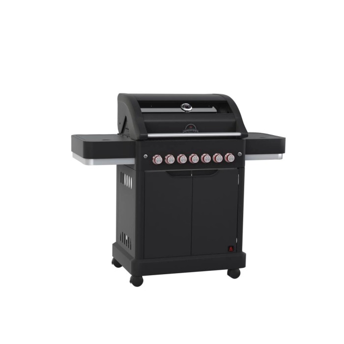 Barbecue a gas t.b.t. nero con ripiani laterali e mobiletto.