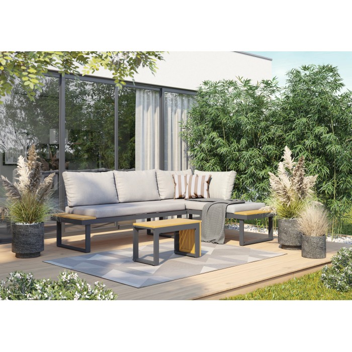 Set lounge Lipson a 3 pezzi in legno di acacia e alluminio grigio con cuscini e guanciali grigio chiaro.