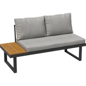 Set lounge Lipson a 3 pezzi in legno di acacia e alluminio grigio con cuscini e guanciali grigio chiaro.