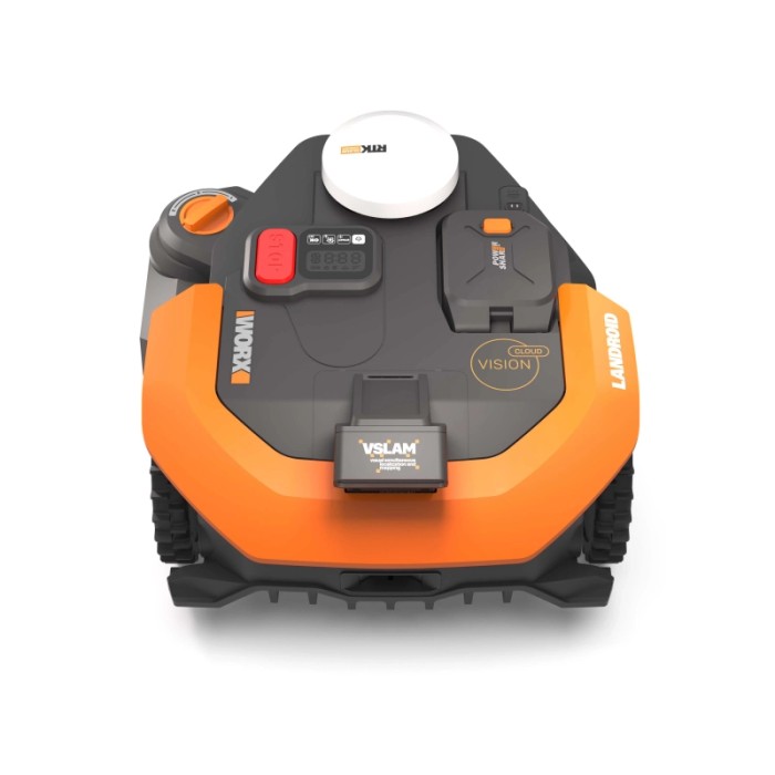 Robot tagliaerba Worx Landroid Vision Cloud WR312E L1200 con antenna RTK, vista dall'alto.