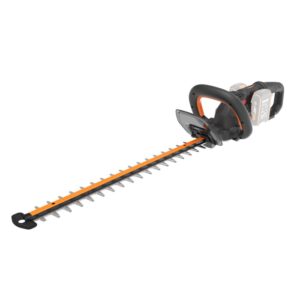 Tagliasiepi a batteria t.b.t. con barra di taglio arancione e batteria.