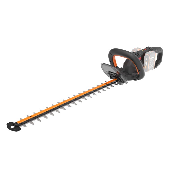 Tagliasiepi a batteria t.b.t. con barra di taglio arancione e batteria.