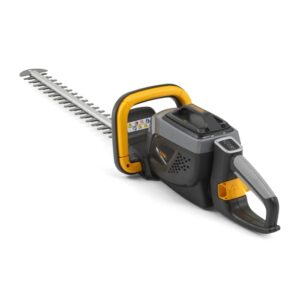 Tagliasiepi a batteria con dettagli gialli. Ideale per la cura del giardino.