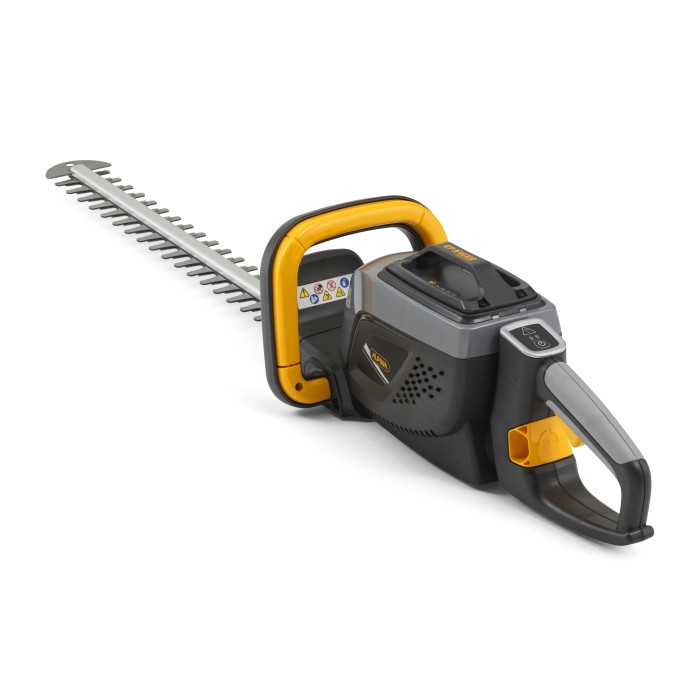 Tagliasiepi a batteria con dettagli gialli. Ideale per la cura del giardino.