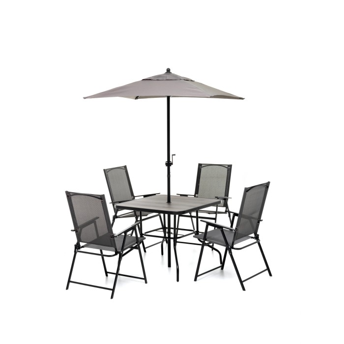 Set mobili da giardino grigio: tavolo, 4 sedie e ombrellone.