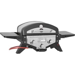 Barbecue a gas t.b.t. compatto con ripiani laterali e bruciatori in acciaio inox.