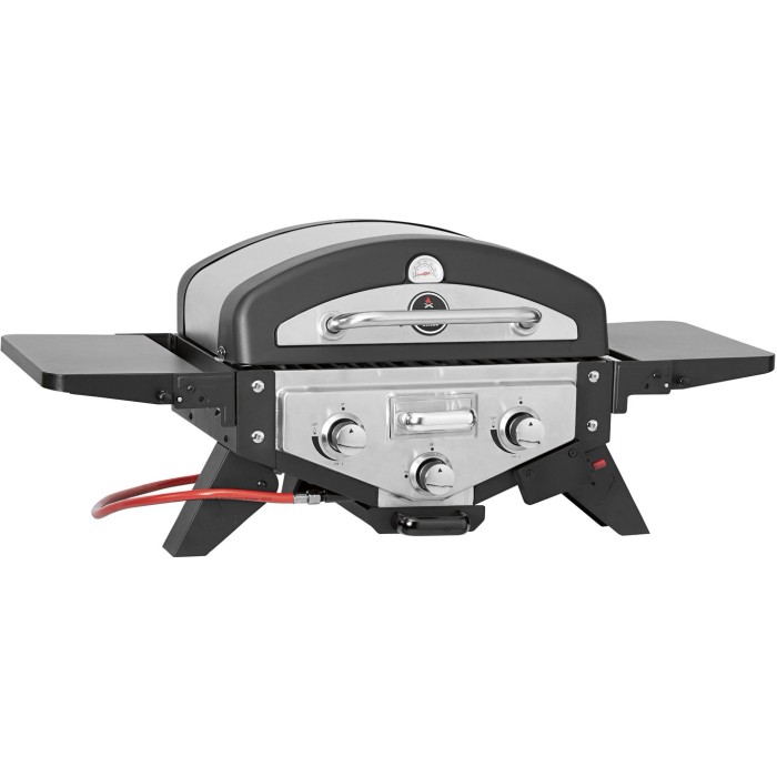 Barbecue a gas t.b.t. compatto con ripiani laterali e bruciatori in acciaio inox.