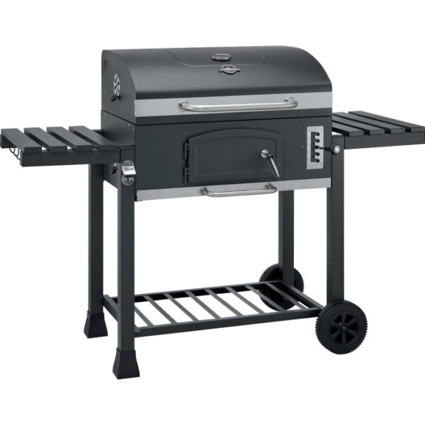 Barbecue a carbone nero con ripiani e ruote.