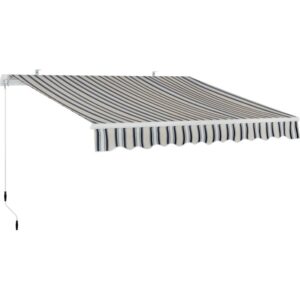 t.b.t. Tenda da sole a strisce beige e blu scuro.