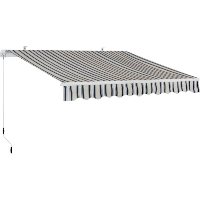 t.b.t. Tenda da sole a strisce beige e blu scuro.