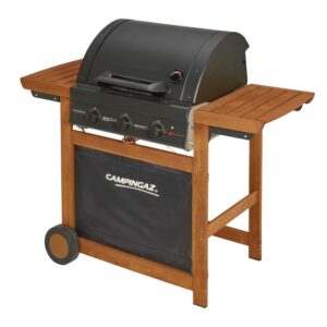 Barbecue a gas Campingaz con struttura in legno e ripiani. Ideale per il barbecue.