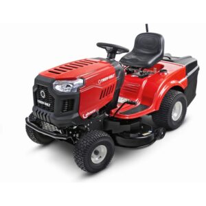 Trattorino tagliaerba rosso Troy-Bilt Bronco 92T-R con scarico posteriore e cesto di raccolta.