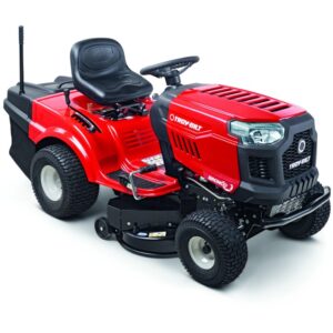 Trattorino tagliaerba rosso Troy-Bilt Bronco 92T-R con scarico posteriore e cesto di raccolta.