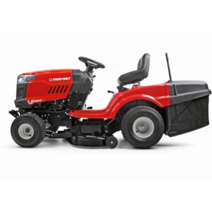 Trattorino tagliaerba rosso Troy-Bilt Bronco 92T-R con scarico posteriore e cesto di raccolta.