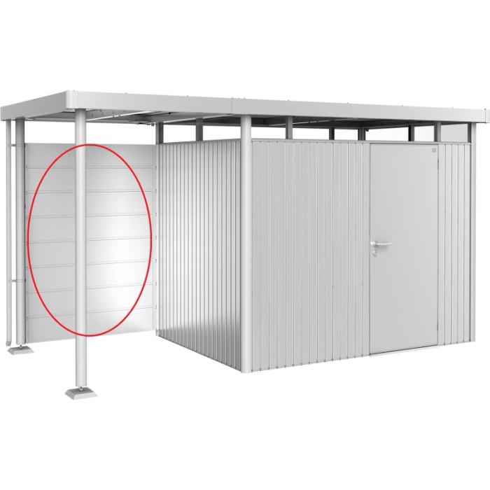 Pannello posteriore Biohort per tettoia laterale H2-H5, argento metallizzato, 134x181 cm. Accessorio per casette da giardino.