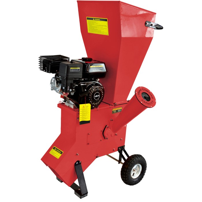 Biotrituratore a scoppio rosso con motore e ruote.