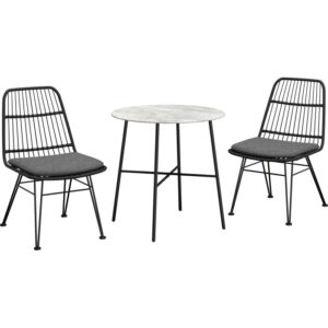 Set balcone Takone nero 3 pezzi con tavolo effetto marmo e sedie con cuscini.