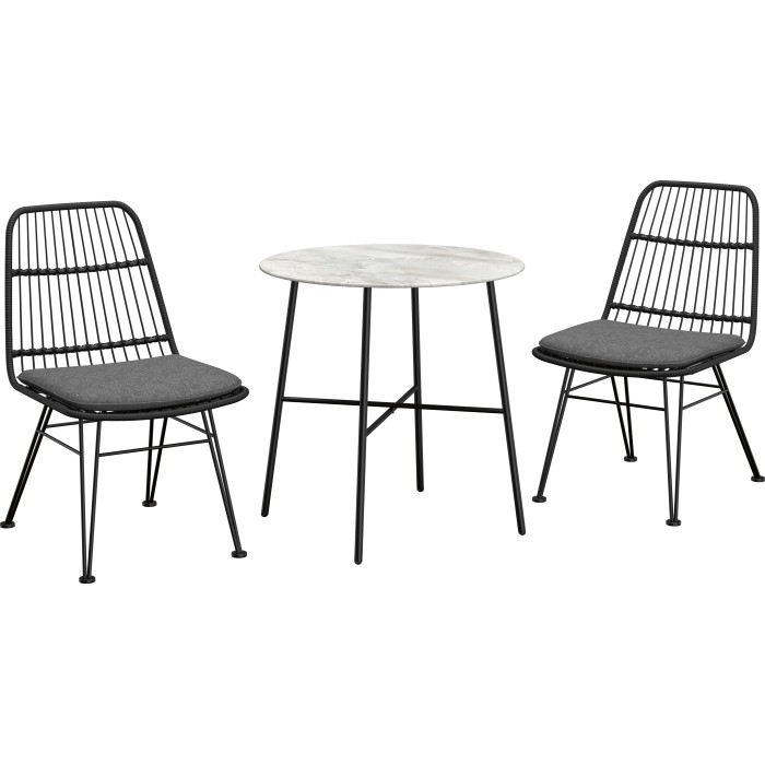 Set balcone Takone nero 3 pezzi con tavolo effetto marmo e sedie con cuscini.