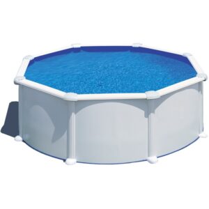 Piscina rotonda Gre Atlantis con pareti in acciaio, bianca, Ø 350 cm x 132 cm, riempita con acqua blu.