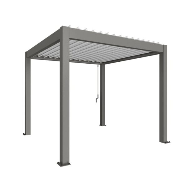 Pergola Biohort 3x3 m in quarzo bianco: copertura moderna per terrazzi con lamelle e drenaggio.