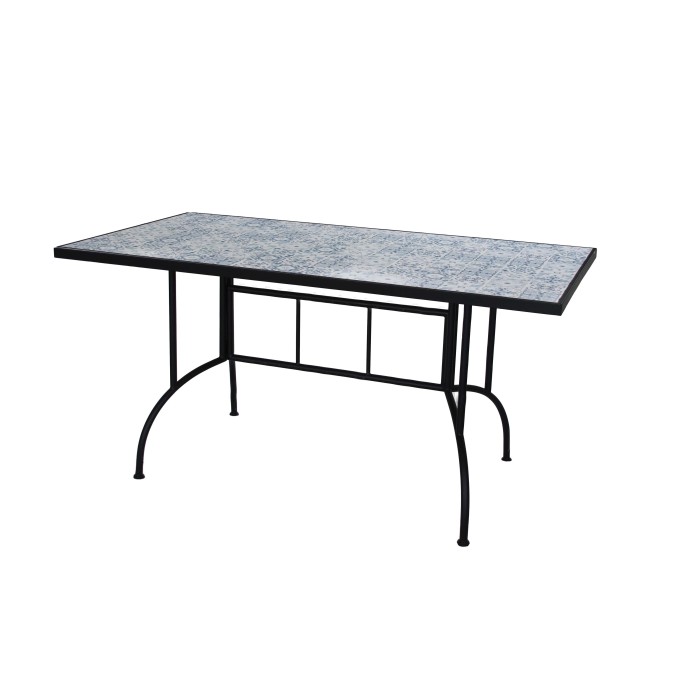 Tavolo da giardino rettangolare con piano a motivo grigio-blu e struttura in metallo nero.